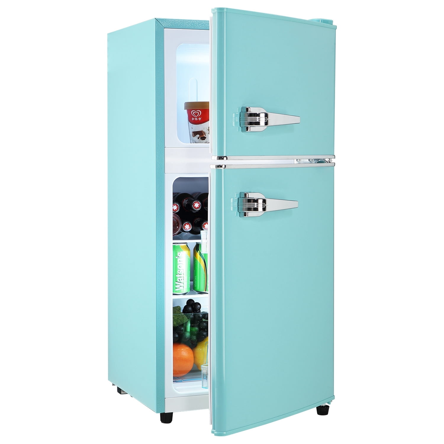 ICYBER BOOM 3.5 Cu. Ft. Mini Fridge with Freezer, 2 Door Compact Refrigerator, 7-Level Adjustable Thermostat, LED Light, Glass Shelves, Light Blue