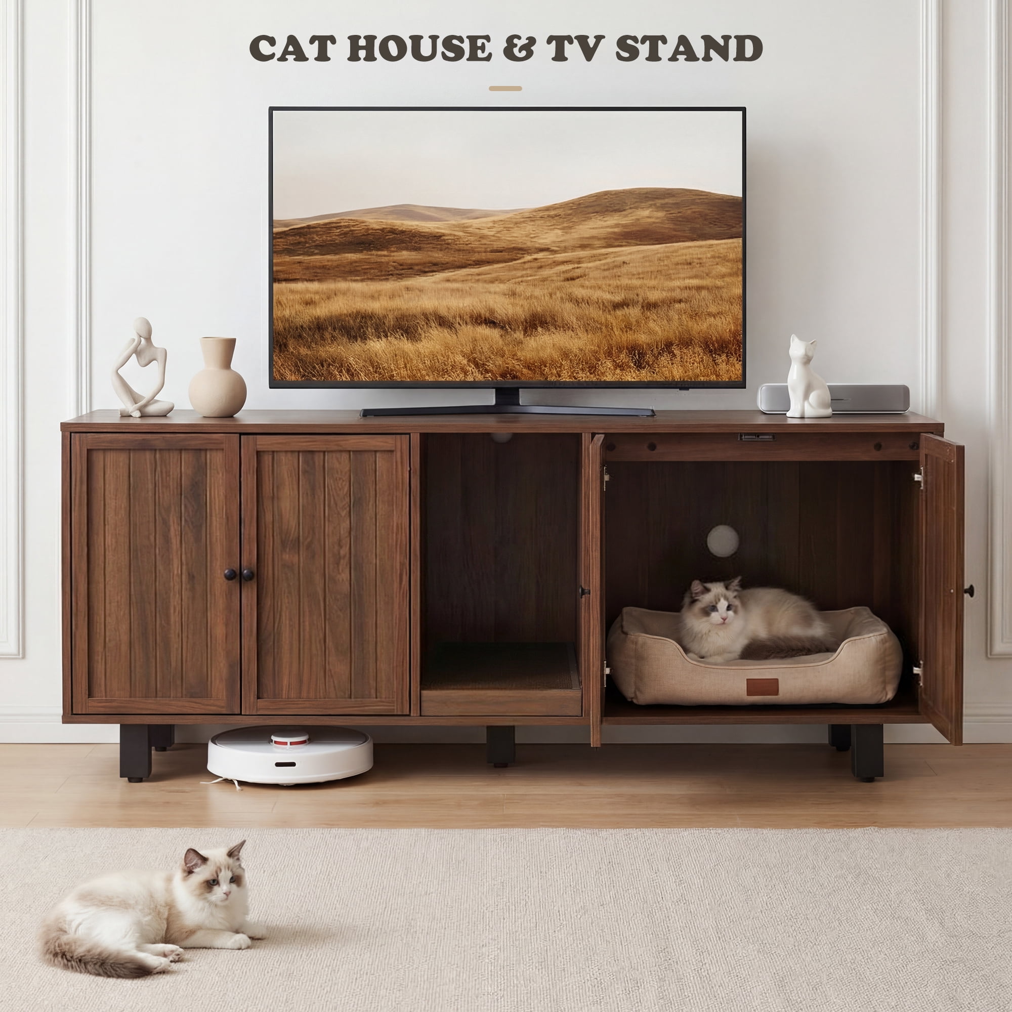 59" Double Cat Litter Box Enclosure Furniture, Hidden Litter Boxes Furniture with Cat Scratch Pad & Wide Access Doors, Versatile as TV Stand or Sideboard in Walnut