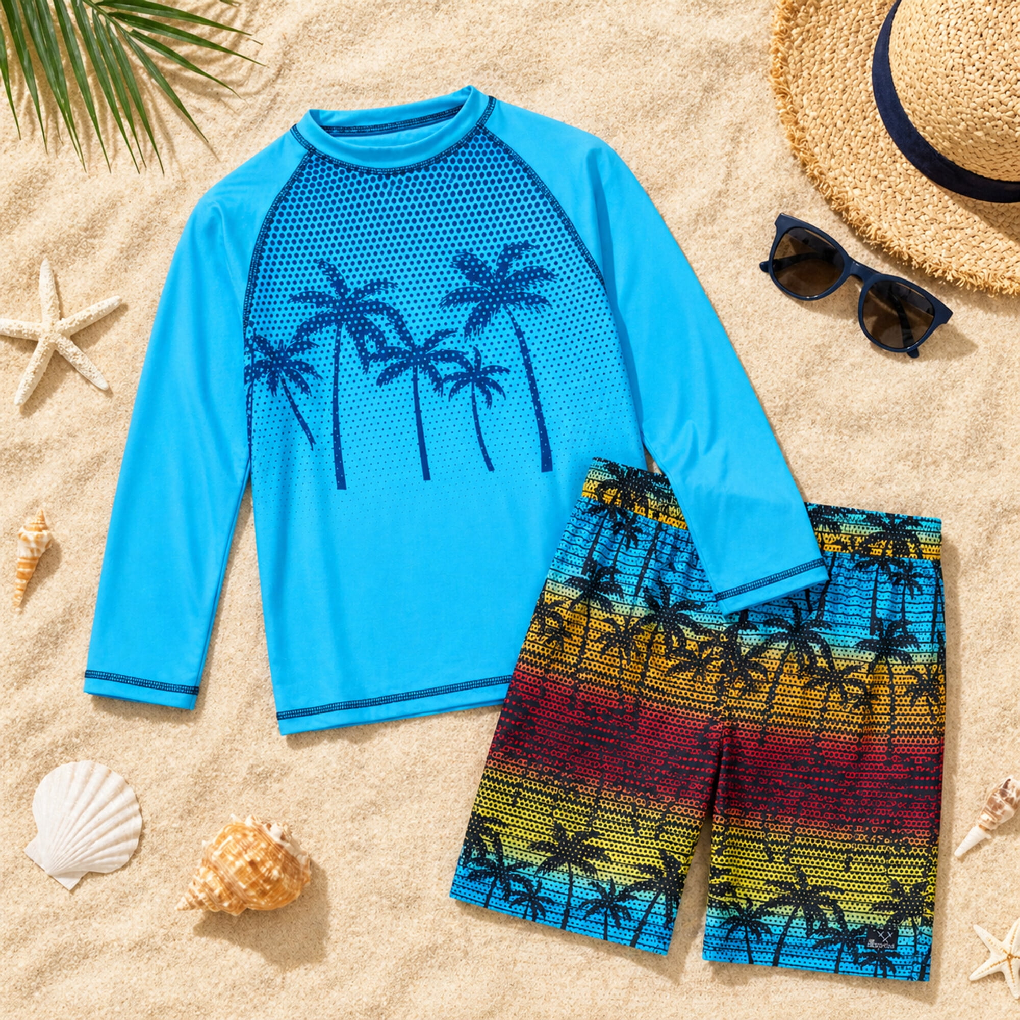 Big Chill Boys Swim Set - Boys Rash Guard Swim Set - UPF 50+ Rash Guard Long Sleeve Swim Shirt Board Short Swim Trunks (5-14)