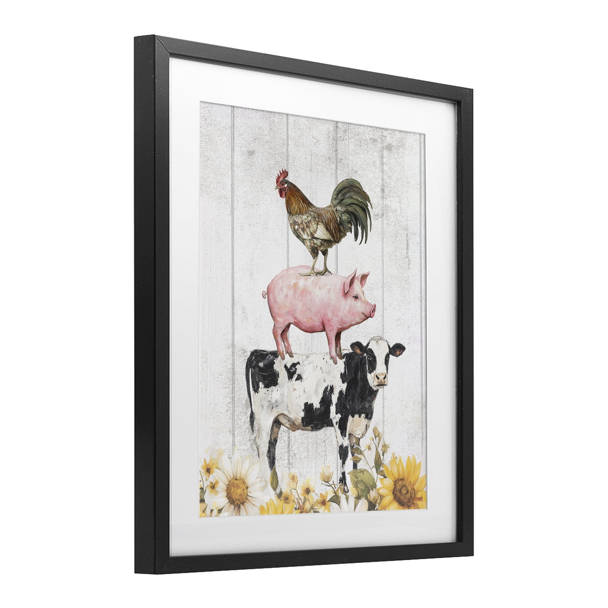 Stupell Industries Farm Animal Stack and Sunflowers Black Framed Print Under Glass, design by Christine Simpson Art