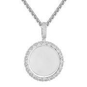 Mens Round Medallion Memory Picture Photo Frame Icy Custom Hip Hop Pendant 14K White Gold Tone Free Box Chain