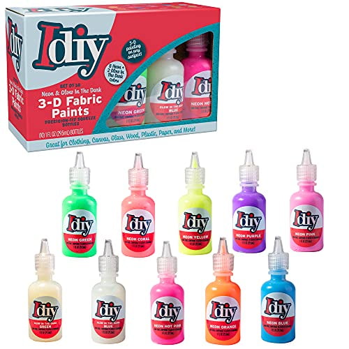 DIY Fabric Paints, Set of 10 Colors (8 Neon & 2 Glow in the Dark) (1oz bottles) Ultra Bright 3D