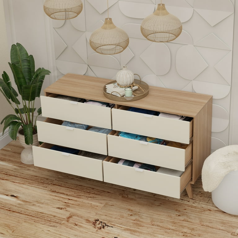 Kappesberg 6-Drawer Dresser for Bedroom Adults and Teens, 32" H x 56.8" W x 17.7" D, Light Brown/Creme, Engineered Wood Kappesberg 6-Drawer Dresser for Bedroom Adults and Teens, 32" H x 56.8" W x 17.7" D, Light Brown/Creme, Engineered Wood