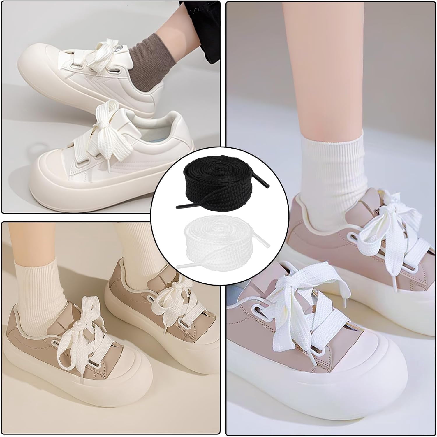 6 Pair Chunky White and Black Fat Laces, 4/5" (20mm) Wide Athletic Thick Flat Solid Color Replacement Shoelaces for Adults Teenages Retro Skate Sneaker Shoes (Black & White, 39"/47"/55")