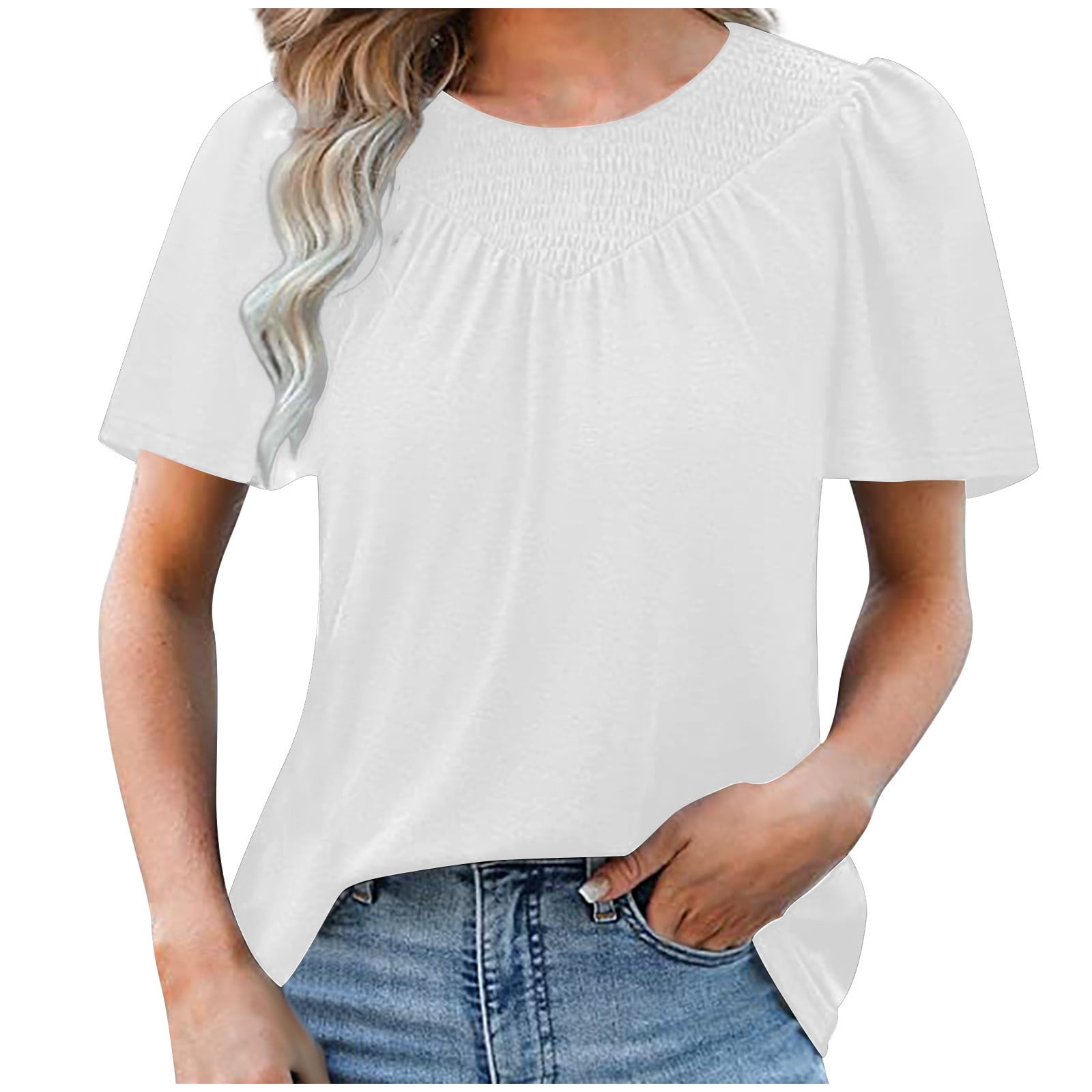 YYDGH Womens Summer Tops Crew Neck Pleated Short Sleeve Tunic Tops ...