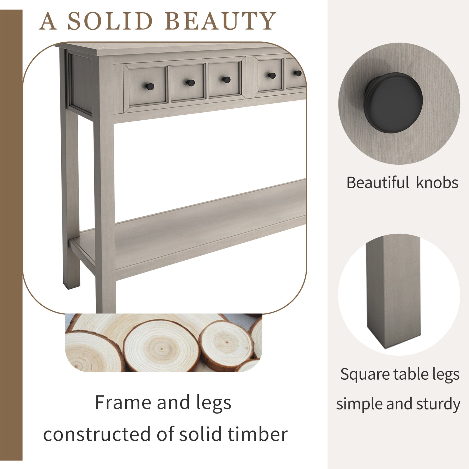 60-Inch Rustic Entryway Console Table, Long Sofa Table with 2 Small Drawers and 2 Larger Drawers, Bottom Shelf for Storage (Gray Wash)