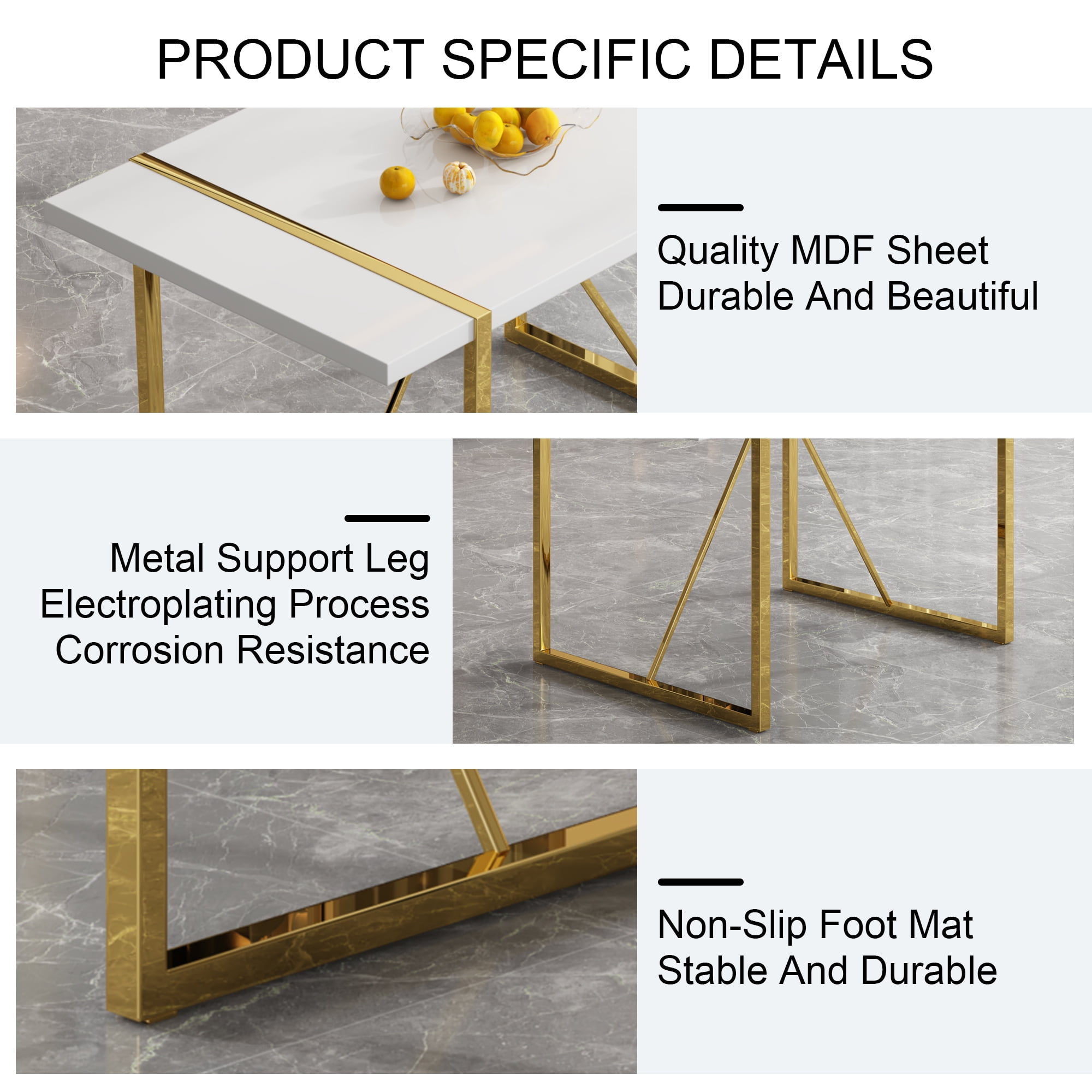 NYEESS 55 inch White Rectangular Dining Table, MDF Top with Gold Metal Frame, Modern Style for Kitchen and Dining Room