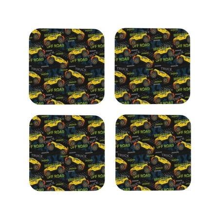 

Leather Coasters Set of 4 - Monster Truck1 Lightweight Non-Slip Drink Coasters for Desk Anti-Scalding Desk Cup Coasters for Office Table Decor Square