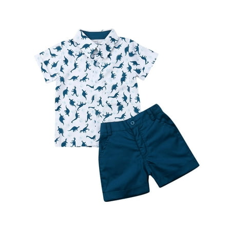 

Binwwede Baby Boys Dinosaur Print Lapel Neck T-shirt + Solid Color Shorts MHXX