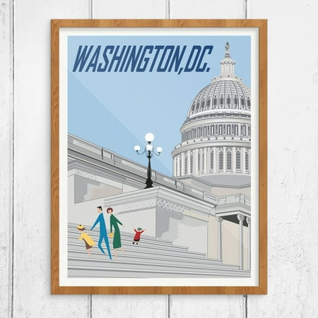Family Visiting The Washington DC Capital Building Vintage Travel Poster