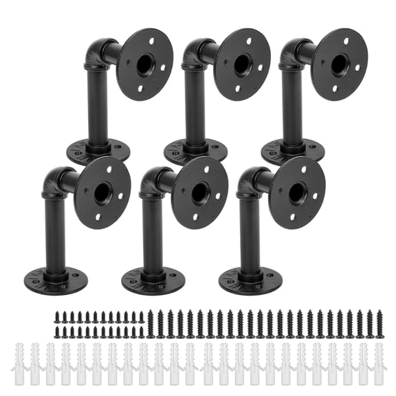 6 Pack Industrial DIY Pipe Shelf Brackets,Vintage Black Iron Wall Mount Pipe Shelving Bracket, Rustic Home Pipe Shelf