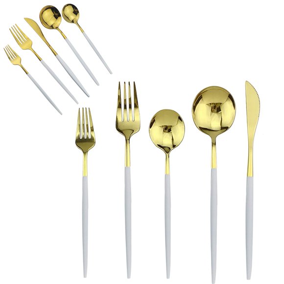Gugrida Ensemble de Couverts 10 Pcs Acier Inoxydable 304 Manche Blanc Ustensile Doré Fourchettes, Cuillères, Couteaux, Couverts Poli Miroir Ensemble de Couverts pour 2, Design Courbé