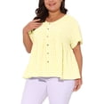 thumbnail image 4 of Agnes Orinda Women's Plus Size Gingham Tops Plaid Peplum Button Decor V Neck Short Sleeve Casual Babydoll Blouse 2X Butter Yellow, 4 of 6