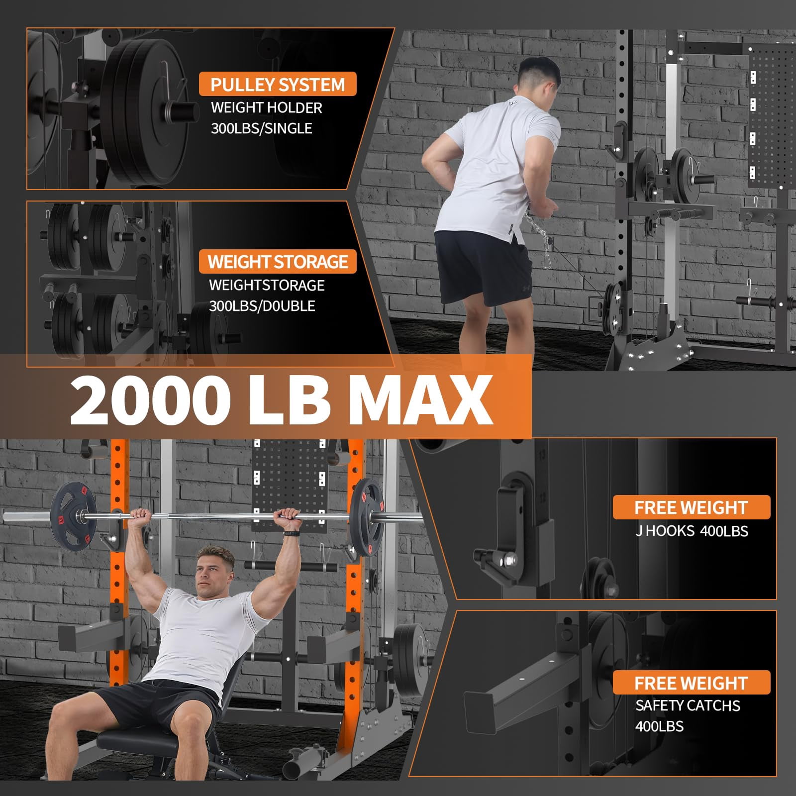 Gaderth Power Cage, Squat Rack for Home Gym, Power Rack with Dual Independent Pulley System, 2000LB Capacity Workout Cage with Adjustable Cable Crossover System and Training Attachment