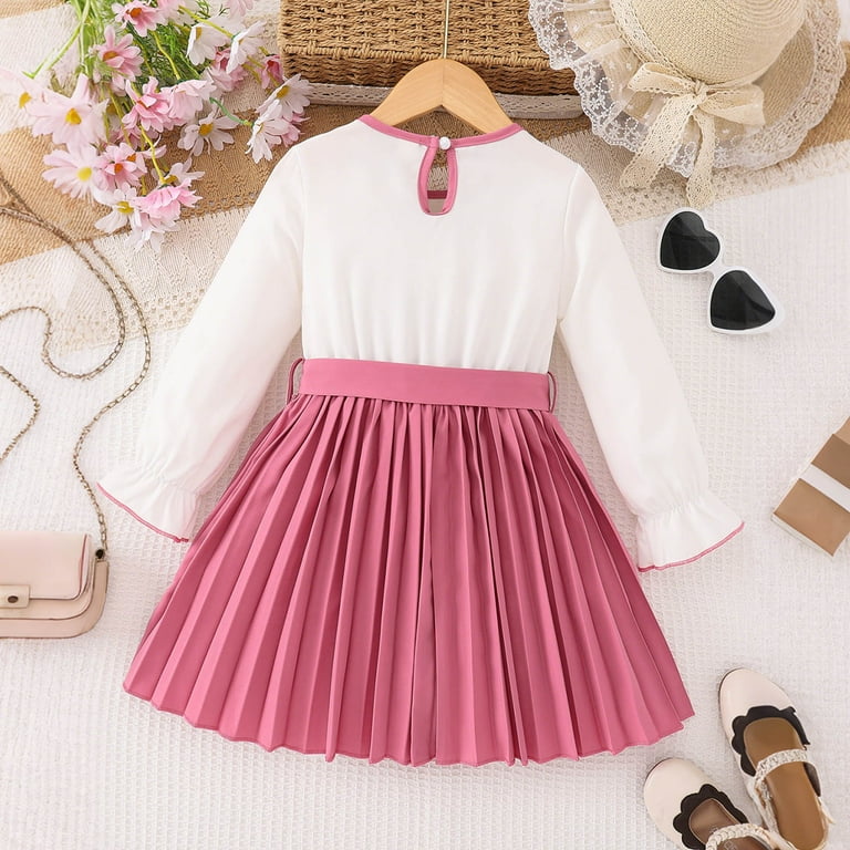open lace back dress Girls Peter Pan Collar Dress Long Sleeve Tutu Swing Tunic Dresses PINK –  MamaMoor main image 0
