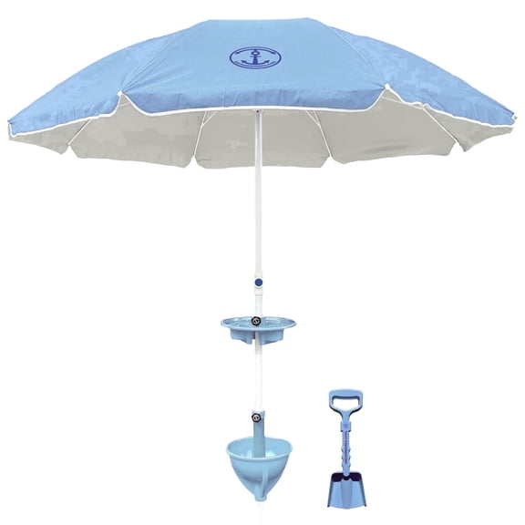 Classic 7ft Beach Umbrella & AnchorONE Sand Anchor Kit, Sky Blue, UPF50 