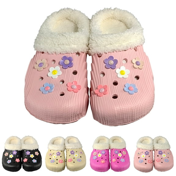 Dakaela Lined Clogs for Women Winter Warm Plush House Slippers Flower Fuzzy Slip on Garden Shoes Fleece Lined Indoor Outdoor Mules Beige 6