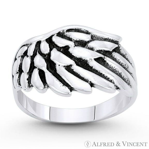 Rustic-Finish Angel's Wing Charm Wide Ring in Oxidized .925 Sterling Silver