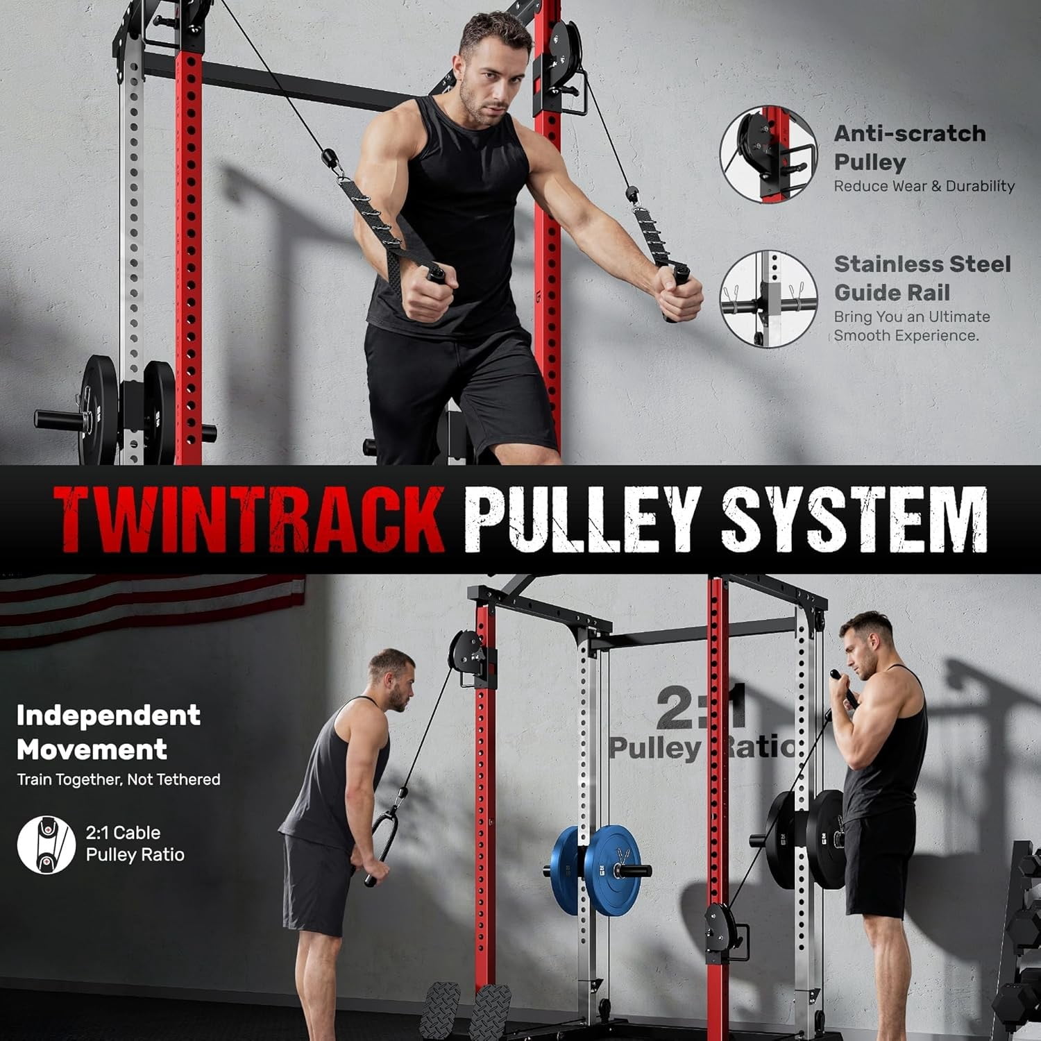 Power Cage, 2000LBS Squat Rack with with Cable Crossover and Dual Independent Pulley System, Full Cage for Full Body Training, Power Rack with More Training Attachments for Home Gym