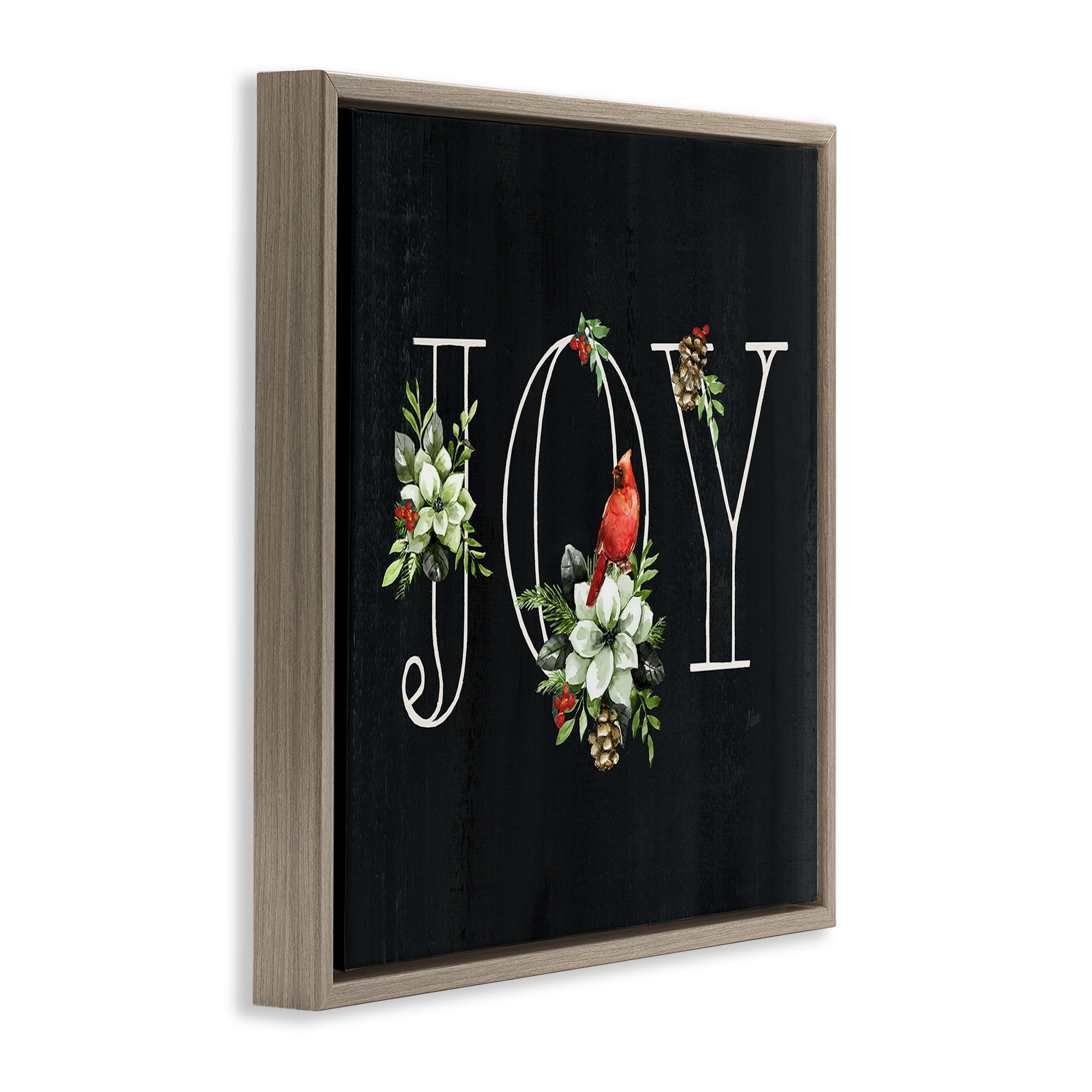 Stupell Industries Joy Letters with Florals Holiday Painting Brown Floater Framed Canvas Art Prints Wall Art, 25 x 25