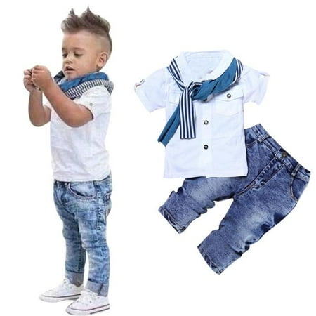 

EHTMSAK Toddler Baby Children Boy T Shirts and Pants Set Summer Clothing Set Short Sleeve Outfits with Scarf White 2Y-7Y 3T