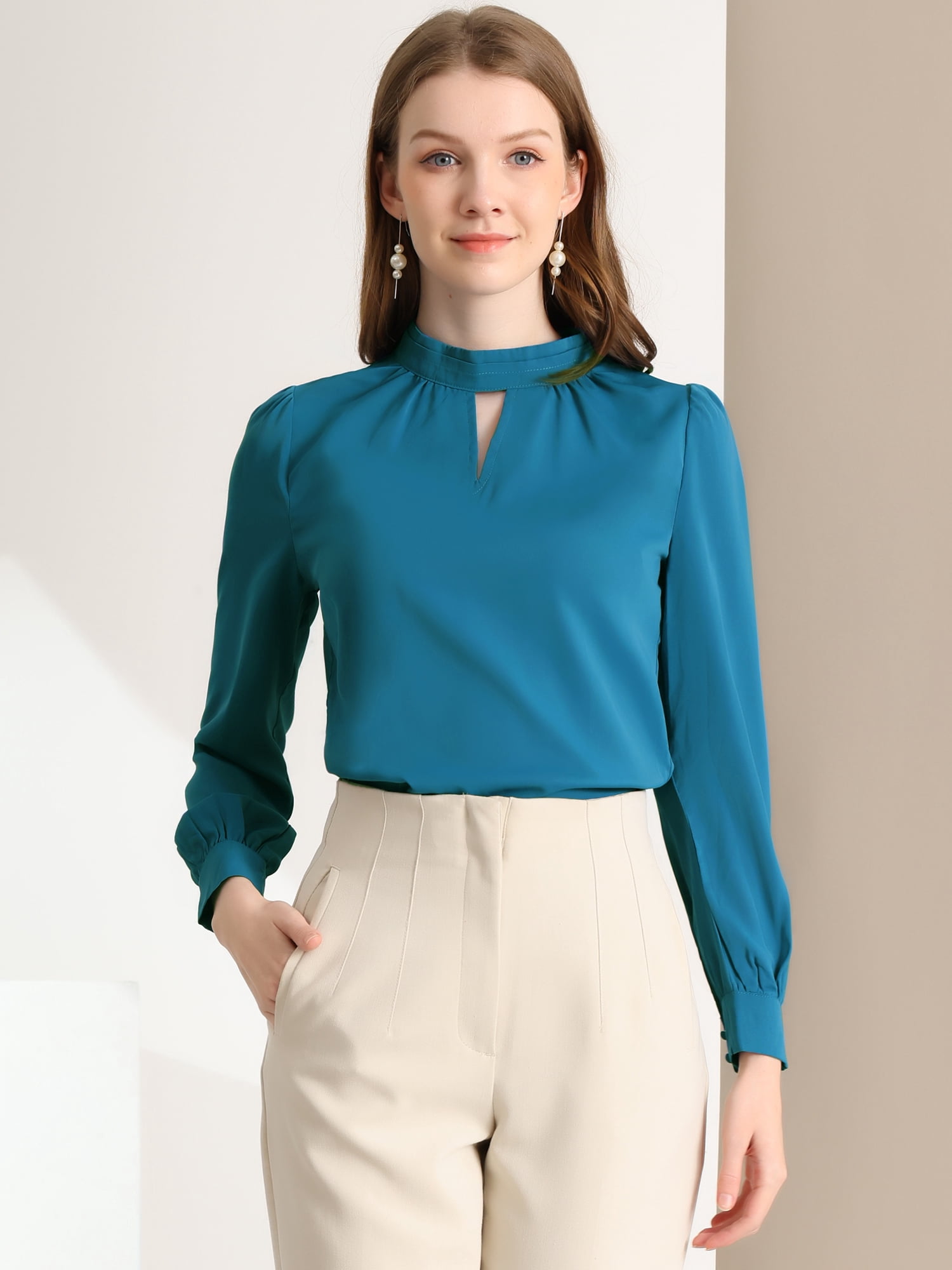 DARING DIVA Women's Stand Collar Long Sleeve Office Blouse M Peacock Blue