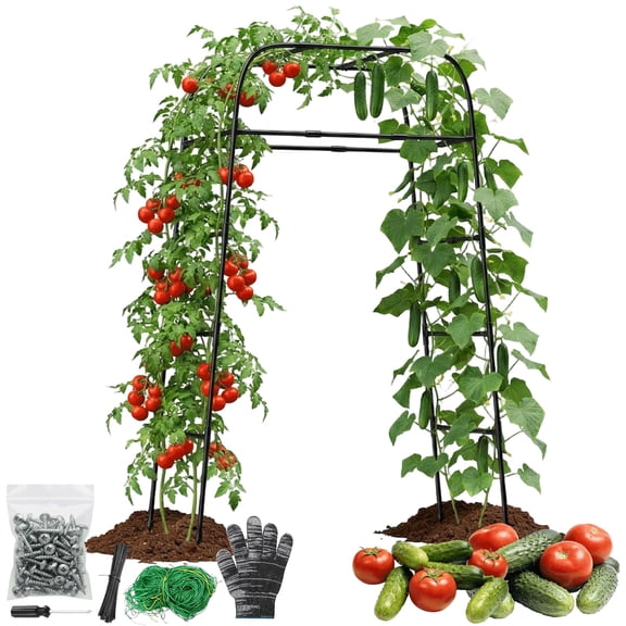 Garden Arch Trellis for Climbing Plants, 83" High Metal Cucumber Trellis & Tomato Cage, Rustproof Steel Tunnel Support for Squash, Pumpkin, Vegetables with Screw Fixation (32.3"L x 39.4"W)