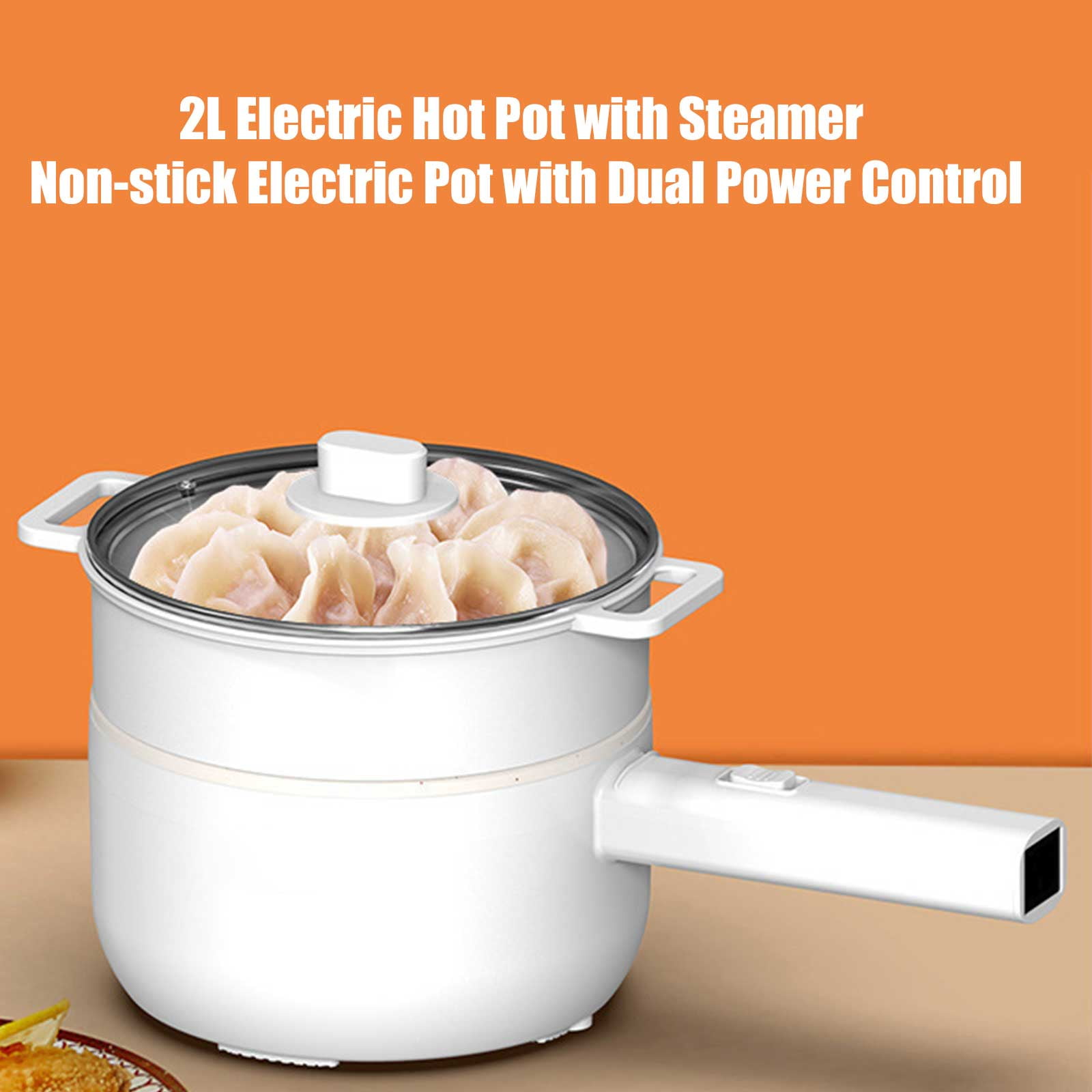 Soapow Electric Hot Pot with Steamer, 2L Electric Cooker Steamer, Multifunctional Non-stick Frying Pan, Ramen Cooker, Suitable for Pasta, Steak, Egg, Rice, Oatmeal, Soup, Dual Power Control (White)
