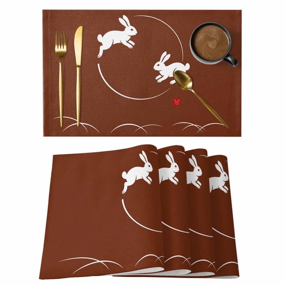 Brown Modern Placemats Set of 6, Farmhouse Rabbit Abstract Art Placemats for Dining Table, Place Mats for Kitchen Tabletop, Waterproof Wipeable Dining Table Mats Set