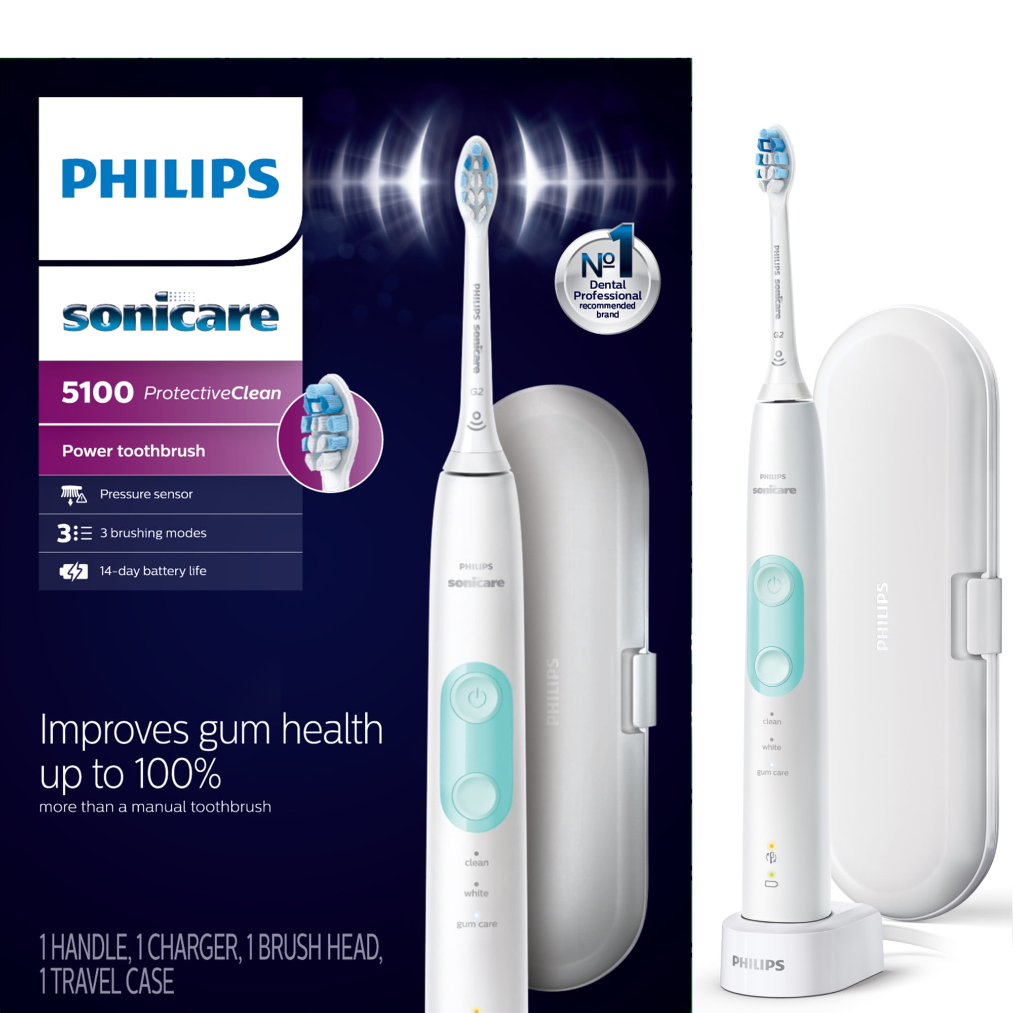oppervlakkig een kopje Verdampen Philips Sonicare ProtectiveClean 5100 Gum Health, Rechargeable Electric  Toothbrush, White Mint HX6857/11 - Walmart.com