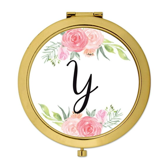 Koyal Wholesale Compact Mirror Bridesmaid's Wedding Gift, Gold, Monogram Letter Y, Peach and Pink Roses, 1-Pack