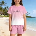 thumbnail image 2 of ZXLBBD Girls Summer Letter Print Gradient Print Outfit for Kids Short Sleeve Design Casual Outdoor Ensemble Clothes Sets,Pink,Size 7 Y-8 Y, 2 of 7