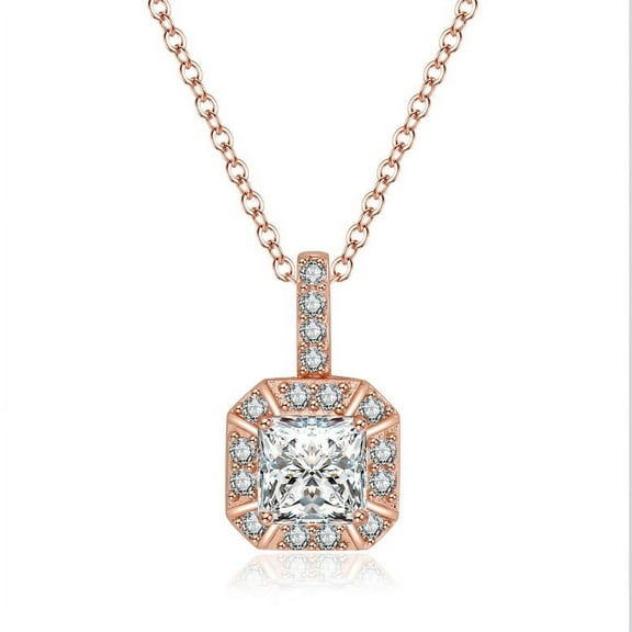 Bonjour Jewelers 18K Rose Gold 1ct Halo White Sapphire Square 18 Inch Necklace Plated