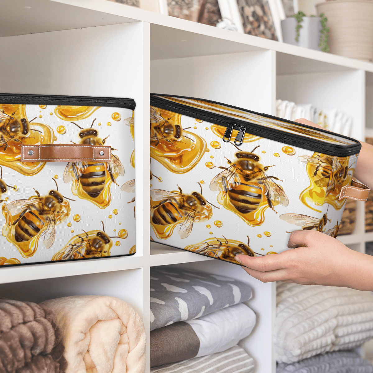 CURLYOOT Bee Fabric Storage Bins with Lids, Farmhouse Honey Bee Foldable Storage Boxes Washable Storage Cube, Closet Bedroom Home Organizer Containers with PU Leather Handles