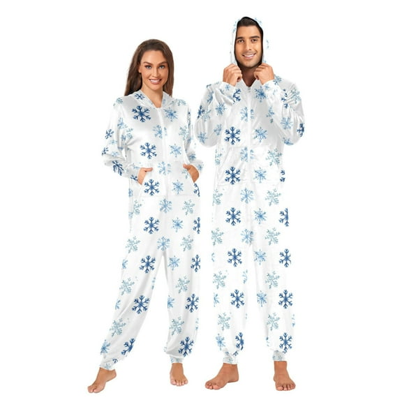 Adult Christmas Onesie Snowflakes Adult Zipper One-Piece Pajamas Unisex Pajamas with Pockets