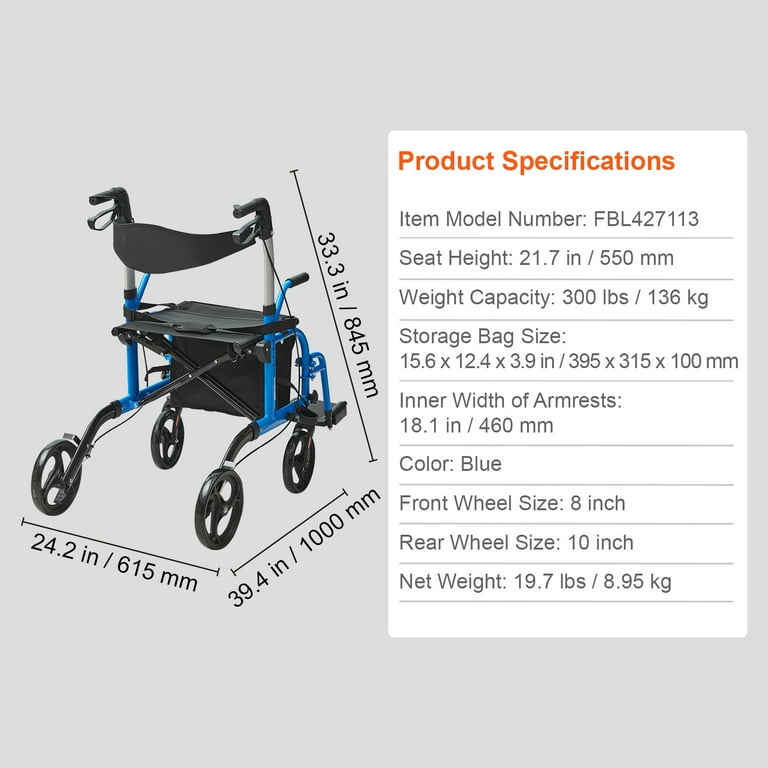 KFFKFF 2 in 1 Rollator Walker & Transport Chair for Seniors