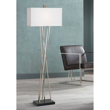 Brooke Twin Pull Chain Bronze Floor Lamp Possini Euro Design Modern Art Deco Floor Lamp Standing 63" Tall Brushed Steel Silver Metal Thin Column White Acrylic Petal Flower Shade Decor For Living