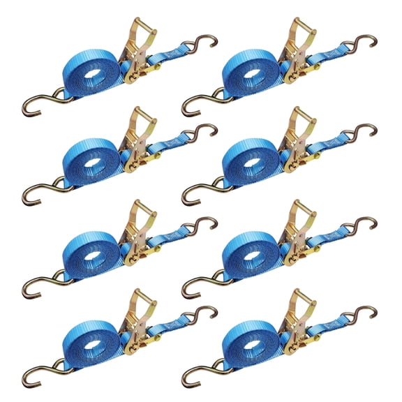 Mega Cargo Control USA 8 Pack Ratchet Tie Down Straps 1" x 9' Motorcycle Tie Down Straps with S Hooks for Bike, Boat, ATV, Cargo Trailer & Utility Use, Blue