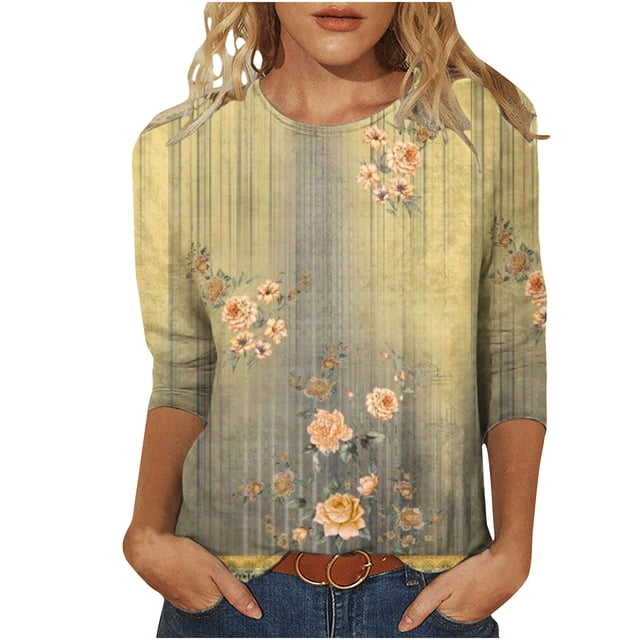 Staron Liquidation Hauts Habillés pour Femmes Manches 3/4 Imprimé Floral Col Rond Chemisiers Habillés Décontractés Tendance Chemises d'Été pour les Vacances Hauts Décontractés