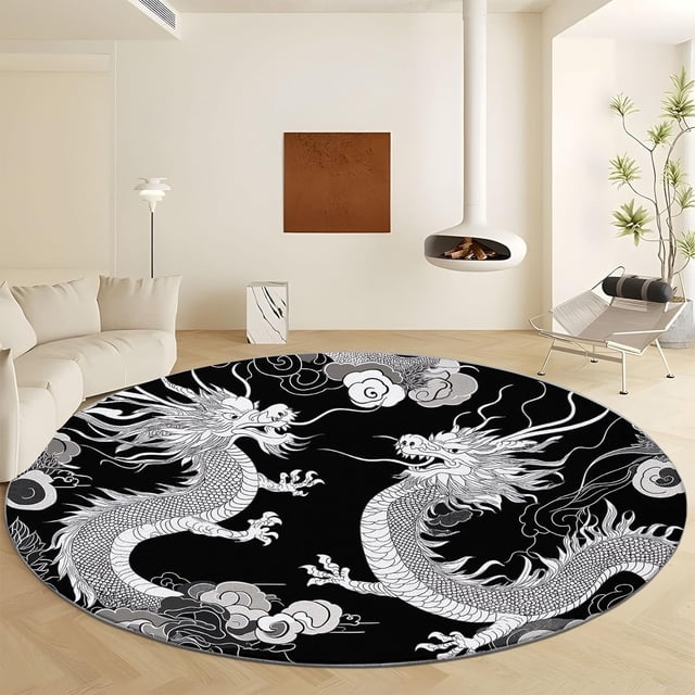Round Area Rug 8ft Chinese Ink Painting Dragon Faux Wool Round Rug Washable Non-Slip Circle Rug, Soft Kids Rug Throw Rugs for Living Room/Bedroom/Office/Entryway/Kitchen