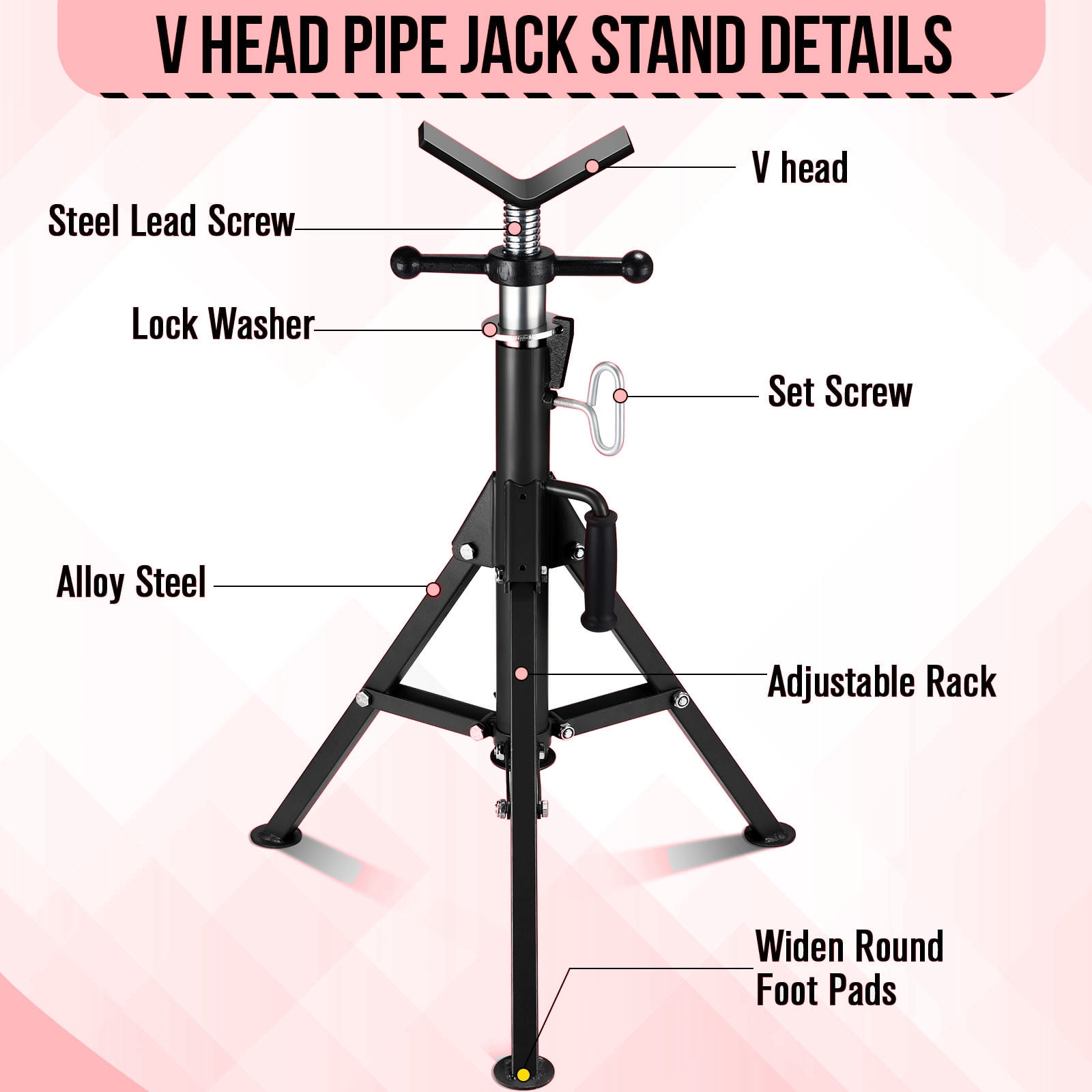 V Head Pipe Jack Stand, Heavy Duty Pipe Stand, 2500LB Jack Stands With Portable Folding Legs 28-52 Inch Height Adjustable 1/8"-12" Capacity,Yellow,Maual Included