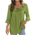 thumbnail image 2 of Xysaqa Women's Casual 3/4 Sleeve Tops Tie V-Neck Pleated Blouses Cute Ruffle Trim Tunic Tops Solid Dressy Casual 3/4 Length Sleeve T-Shirts Green S Clearance, 2 of 6
