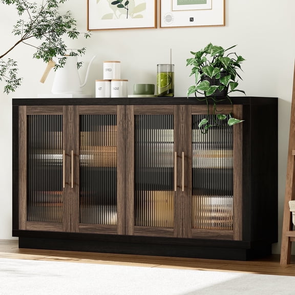 Homfa 55.1"W Modern Sideboard Buffet with Fluted Glass Doors, Accent Cabinet Console Table TV Stand, Black & Brown