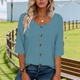 thumbnail image 5 of Yrmaups Loose Fit 3/4 Sleeve T Shirt for Women Plus Size, Casual Round Neck Button Down Blouse, Soft Stretch Basic Tee for Vacation Office Home Daily Wear, Navy XL, 5 of 5