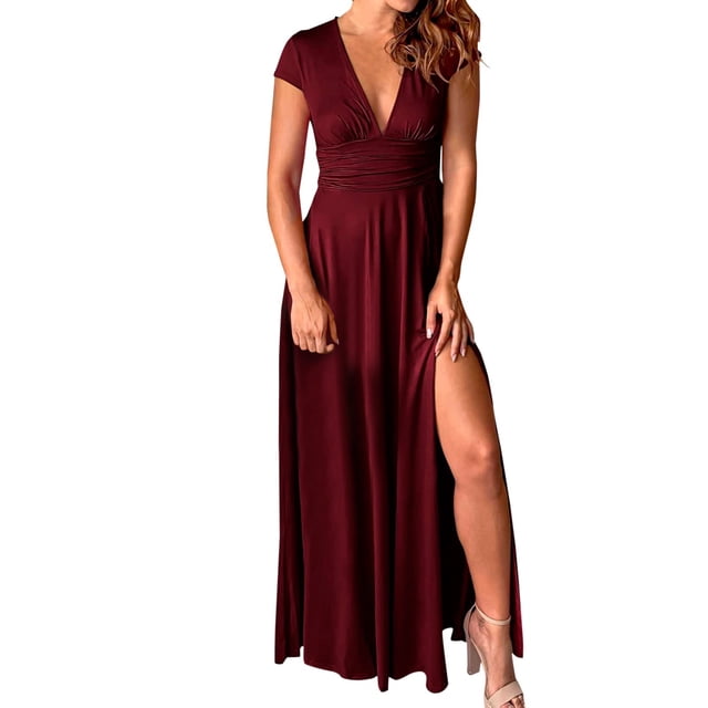 Vestido largo plisado con escote en V profundo para mujer: vestido de fiesta de noche con abertura y cintura alta, diseño estampado de poliéster