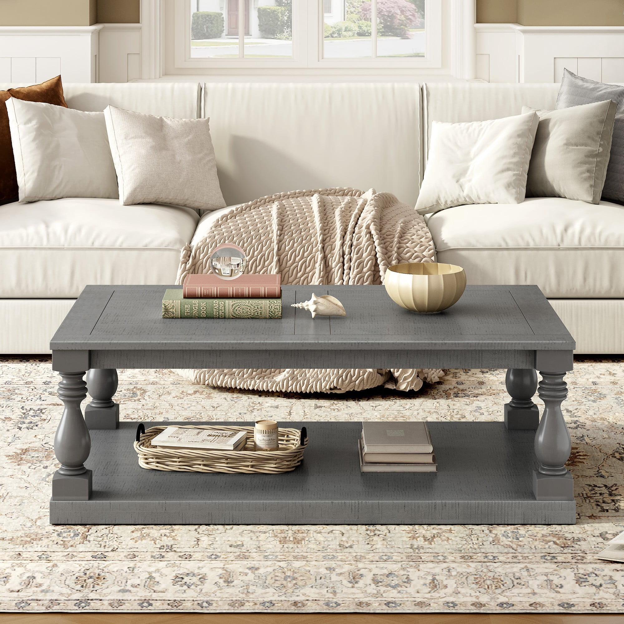 Vintage Coffee Table with Vase Column Legs, Wood Coffee Table with Pine Veneer Top, Decorative Center Table for Living Room Study Room, Gray