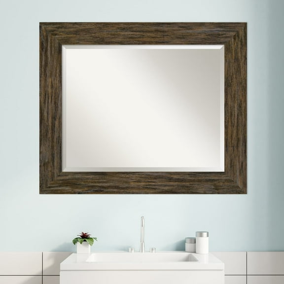 Amanti Art Beveled Wood Bathroom Wall Mirror - Fencepost Brown Frame Fencepost Brown Outer Size: 35 x 29 in