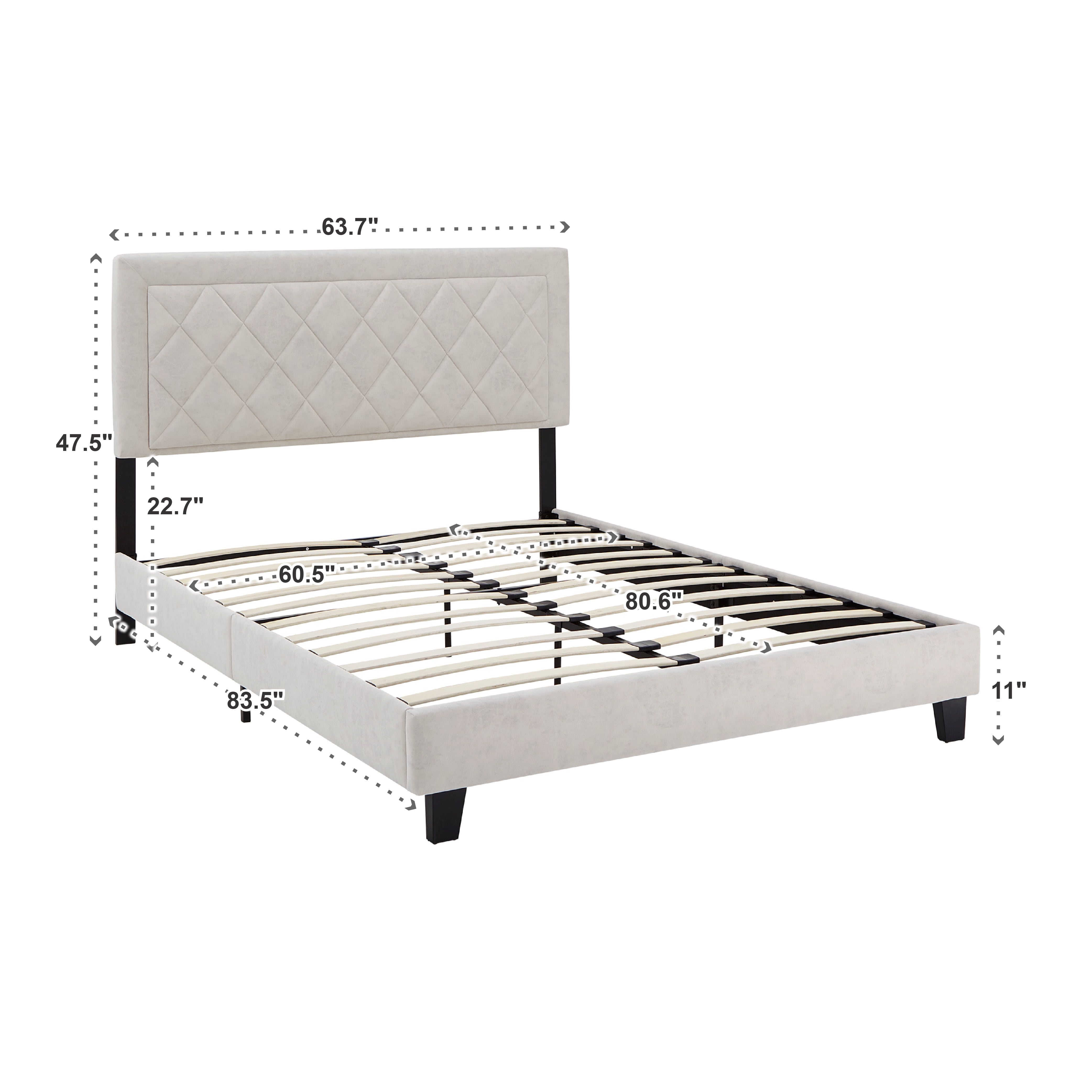 Weston Home Brielle Black Finish Frame with Velvet Upholstered Platform Queen Bed, Cream