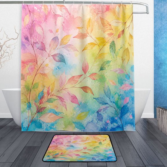 TTYFWHD 60" x 72" Shower Curtain and Bath Mat Set Rainbow Gradient Autumn Leaves Waterproof Bathroom Curtain with 12 Hooks, Bathroom Decor Set