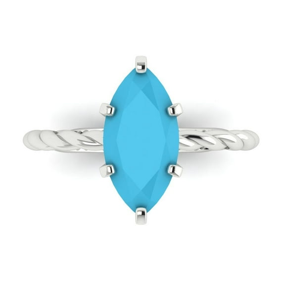 2 ctw Solitaire Anniversary Ring for Women | Marquise Cut Simulated Turquoise | Hyperallergenic Solid 14K White Gold
